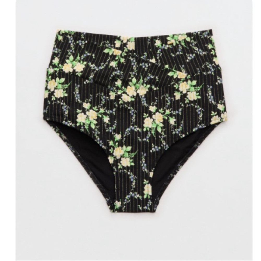 Aerie Floral High Waisted Bikini Bottom - Black and Green